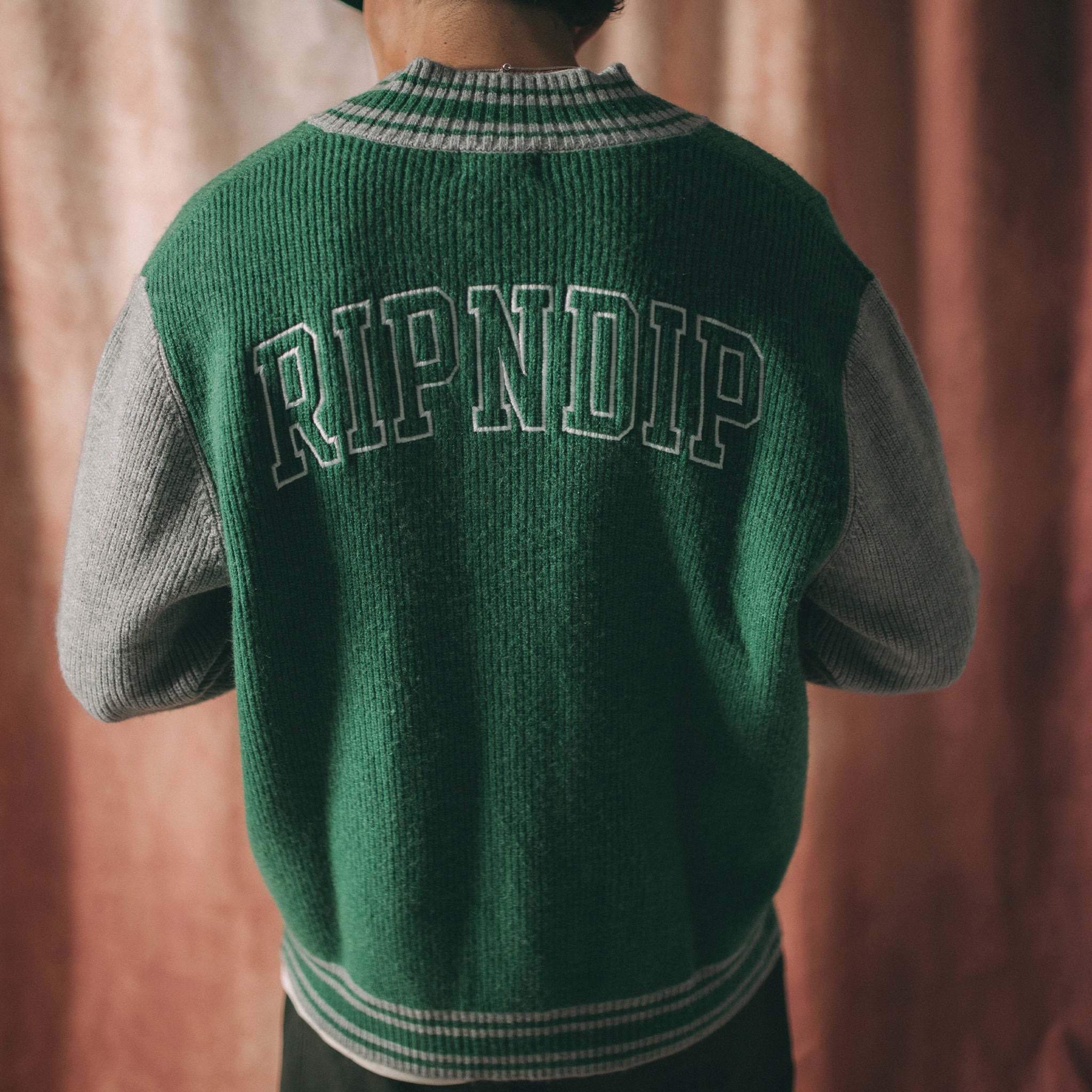 RIPNDIP Team Spirit Varsity Cardigan  (Green/Grey)