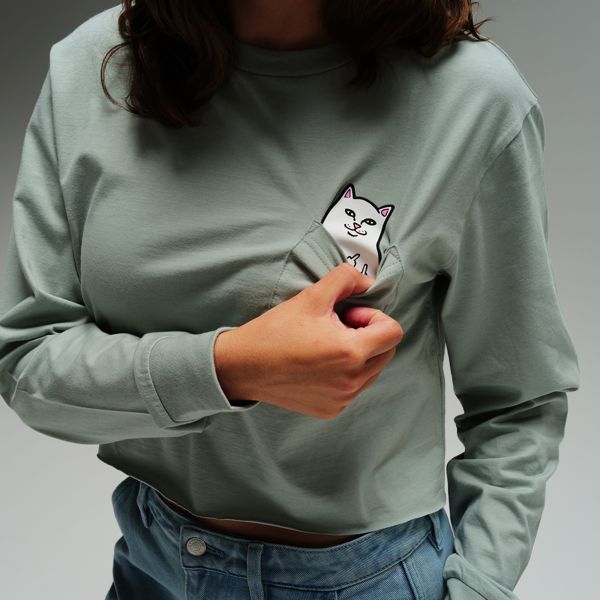 RIPNDIP Lord Nermal Cropped Long Sleeve Pocket Tee (Sage Grey)