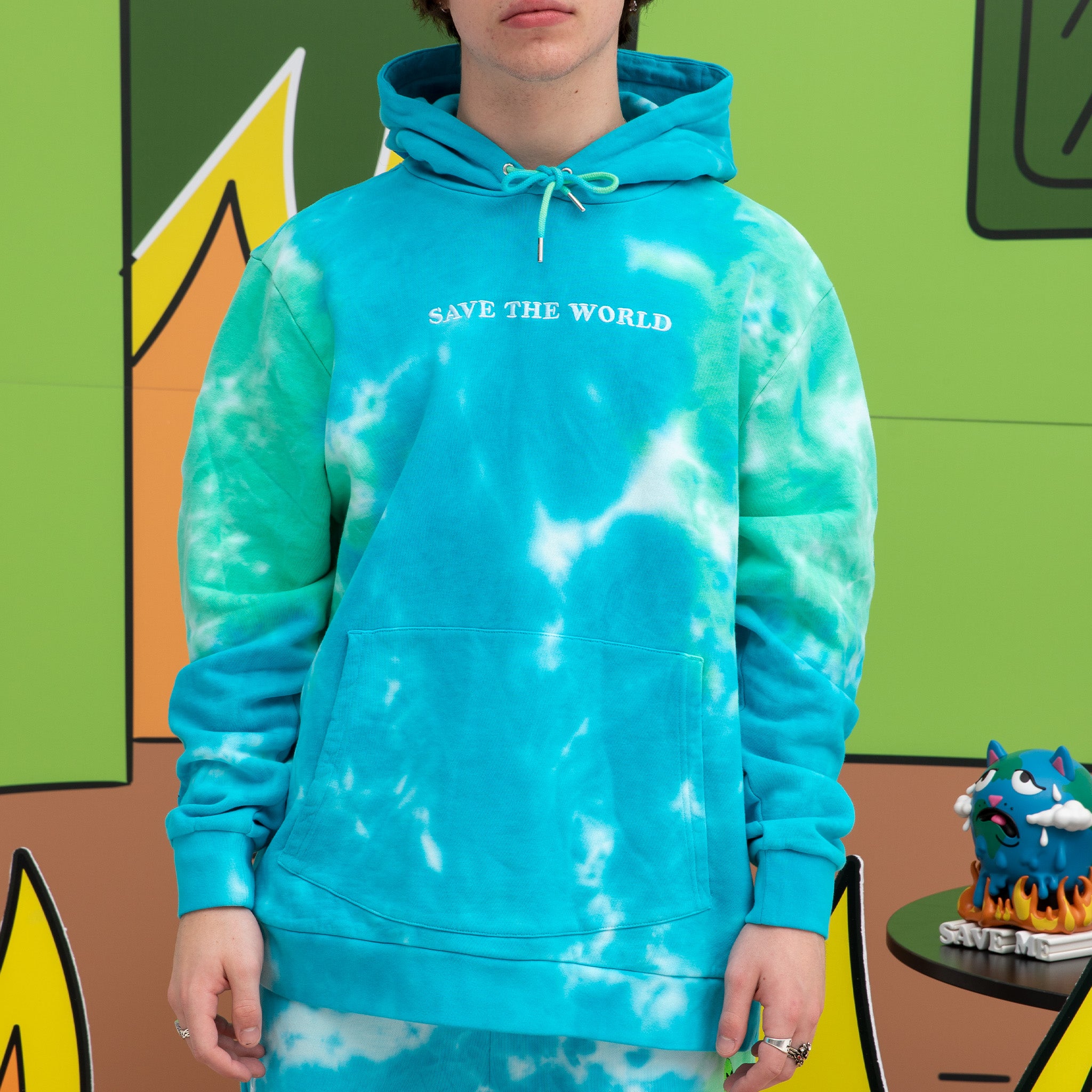 347215 Save the World Embroidered Hoodie (Aqua/Green Tie Dye)